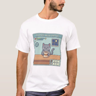 Camiseta Pixel Cat Need Coffee – Retro RPG Game Status