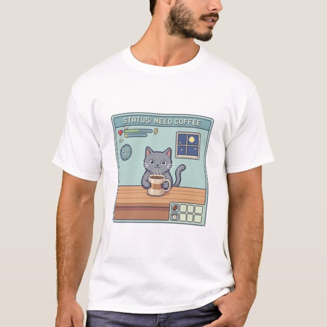 Camiseta Pixel Cat Need Coffee – Retro RPG Game Status (Anverso)