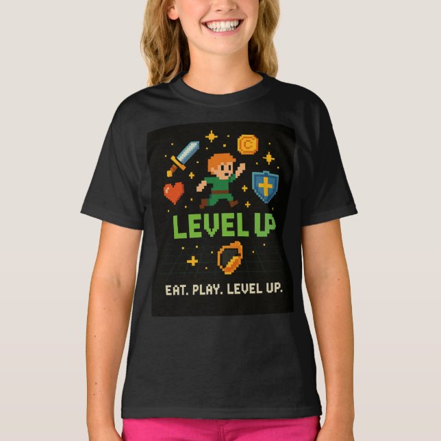 Camiseta Pixel Gamer Kids T-Shirt – Level Up Retro Style (Anverso)