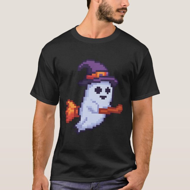 Camiseta Pixel-Geist auf Besen – Halloween Retro Design (Anverso)