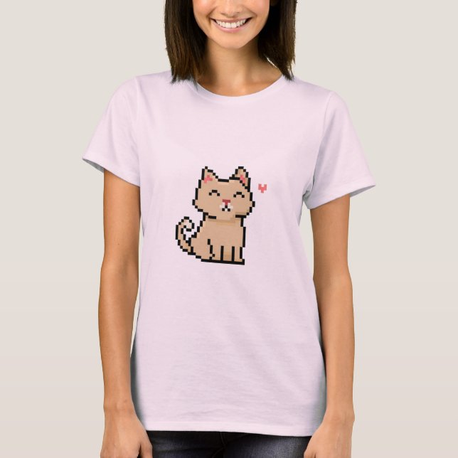 Camiseta píxel-gris-gato-sentado-animal-mascota-con corazón (Anverso)