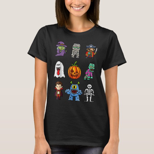 Camiseta Pixel Halloween Witch Pumpkin Boo Pirate Skeleton  (Anverso)