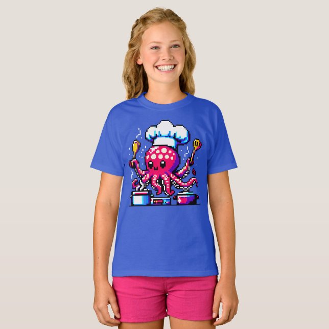 Camiseta Pixel Octopus Chef Funny Cooking y Seafood Design (Anverso completo)