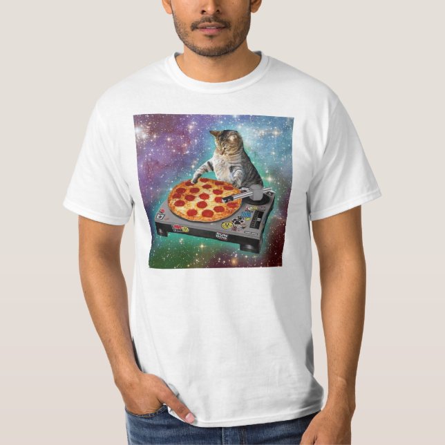Camiseta Pizza de DJs del gato del espacio (Anverso)