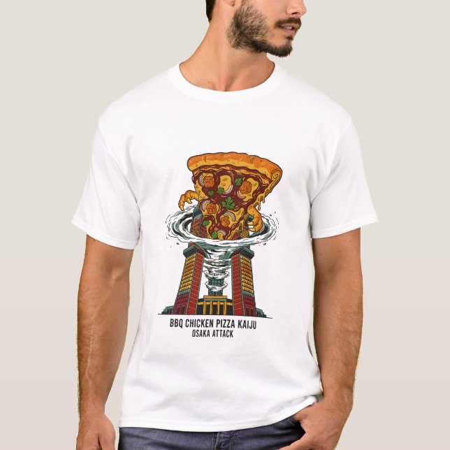Camiseta Pizza de Pollo BBQ Kaiju Osaka Ataque Arte Monstru (Anverso)