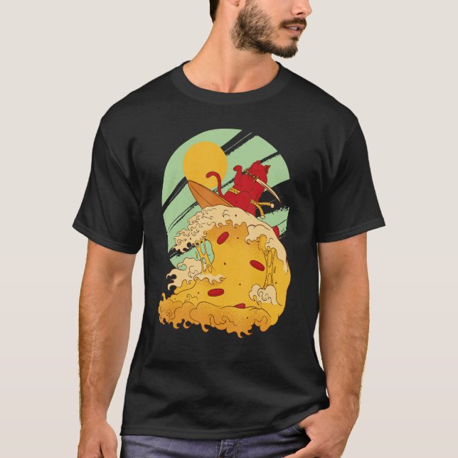 Camiseta Pizza De Surfing Gato Al Estilo Samurai Guay (Anverso)