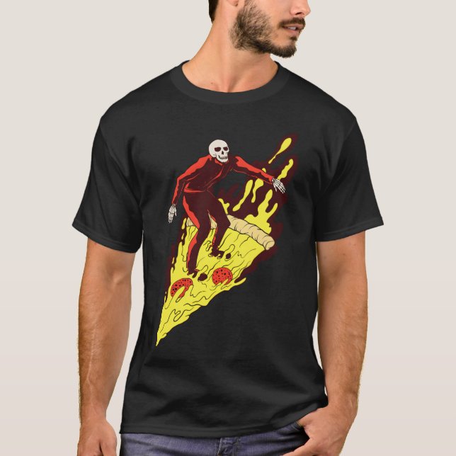 Camiseta Pizza Infierno Esqueleto Surfing Comida Rápida Mon (Anverso)