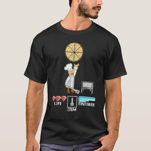 Camiseta Pizza Maker Chef Pixel 8 Bits Retro consola de jue (Anverso)