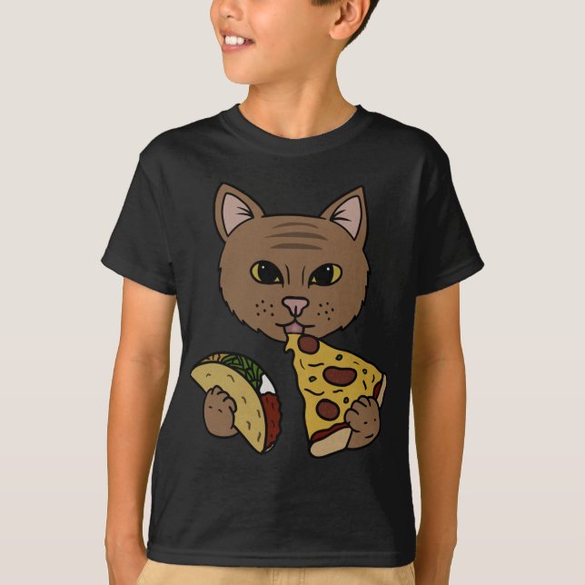 Camiseta Pizza y tacos para comer un gato (Anverso)