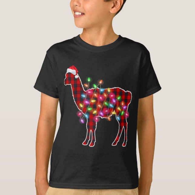 Camiseta Plaid Buffalo Llama Christmas Pajamas Xmas Lights  (Anverso)