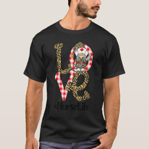 Camiseta Plaid Leopard Gnome LOVE Nurse Life Funny Valentin