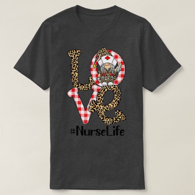 Camiseta Plaid Leopard Gnome LOVE Nurse Life Funny Valentin (Diseño del anverso)
