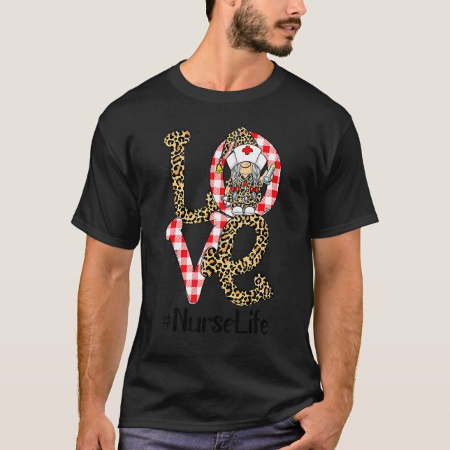 Camiseta Plaid Leopard Gnome LOVE Nurse Life Funny Valentin (Anverso)