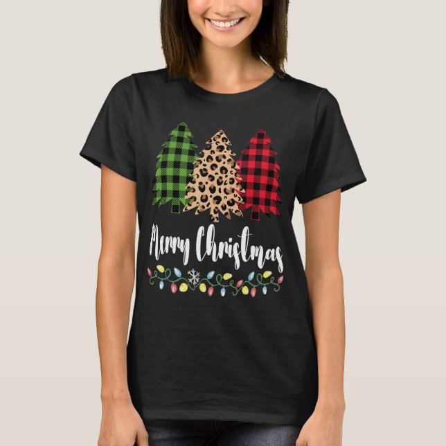 Camiseta Plaid Leopard Patterns Merry Christmas Tree for Mo (Anverso)