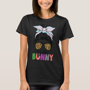 Camiseta Plaid Messy Bun Big Sister Bunny Easter Leopard Gi
