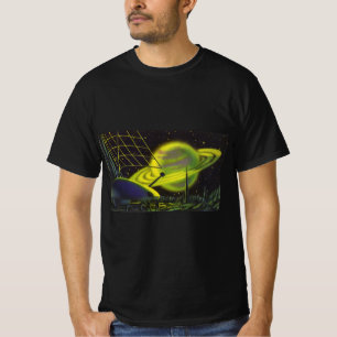 Camiseta Planeta Verde Neón con Anillos de Ciencia Ficción 