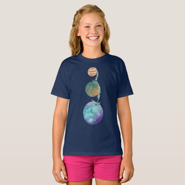 Camiseta Planetas de creación con cascadas de agua cayendo (Anverso completo)