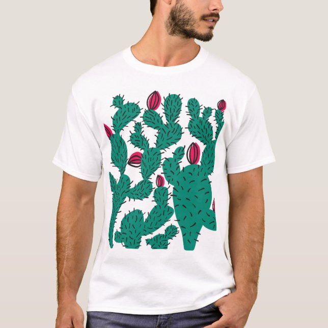 Camiseta Planta de cactus, patrón inoxidable verde vintage. (Anverso)