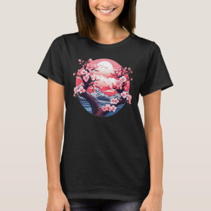 Camiseta Plantas florales de Sakura con montañas y sol para