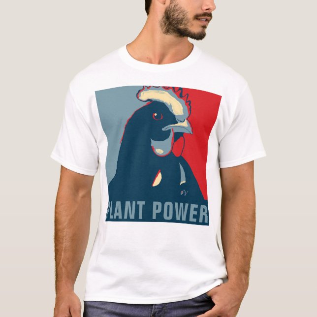 Camiseta Plantas Poder Rojo Azul Blanco Azul Pop Art Pollo (Anverso)