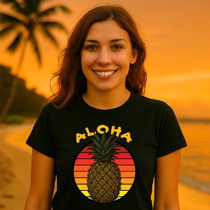 Camiseta Plantilla de puesta de sol retro Aloha de piña haw