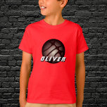 Camiseta Plata metálica Negro Baloncesto Nombre rojo<br><div class="desc">Pelota de baloncesto negra de plata metálica Nombre camiseta roja. ¡Agrega tu nombre.</div>