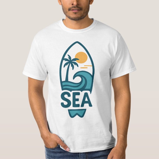Camiseta Playa de Palm Tree & Wave Surfboard (Anverso)