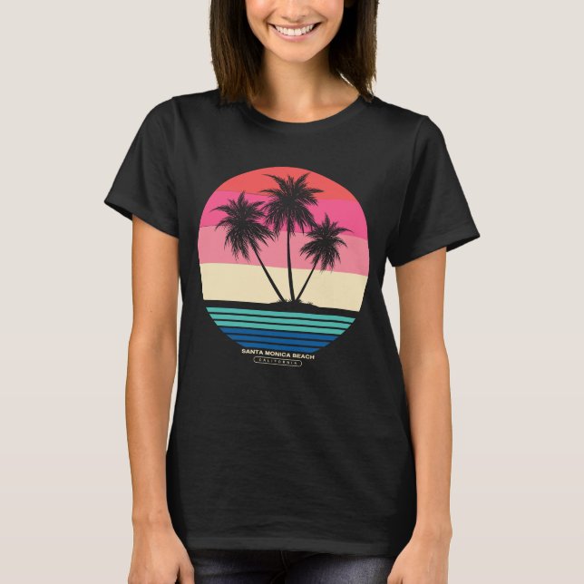 Camiseta Playa de Santa Mónica con palmeras retro Sunset (Anverso)