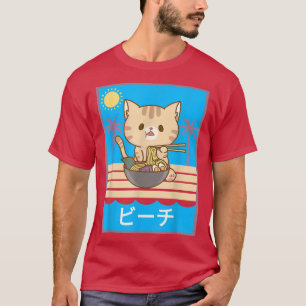 Camiseta Playa de verano lindo anime kawaii gato ramen vaca