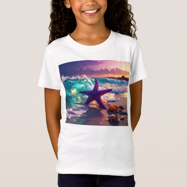Camiseta Playa del océano con estrellas de mar violetas (Anverso)