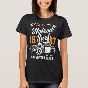 Camiseta Playa New Smyrna Florida Retro Hotrod Oleaje
