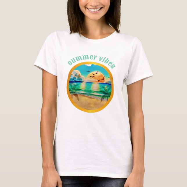 Camiseta Playa Tropical Moderna Palmeras Atardecer Vacacion (Anverso)
