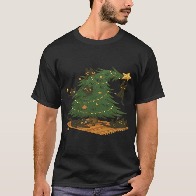 Camiseta Playful Black Cats Wrecking Christmas Tree T-Shirt (Anverso)