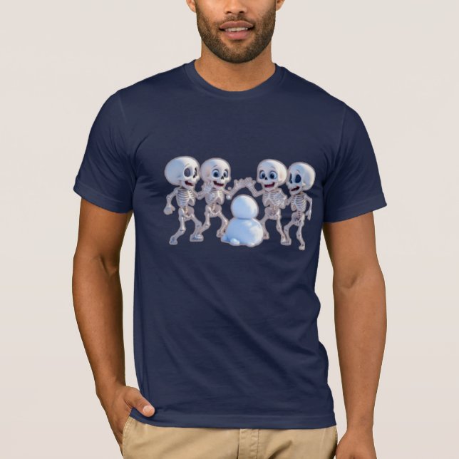 Camiseta Playful Skeletons Building a Snowman – 3D Cartoon, (Anverso)