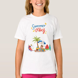 Camiseta  Playful Summer Beach Scene with Tropical Characte