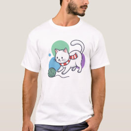 Camiseta Playful White Cat with Yarn Tee