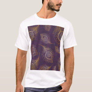 Camiseta Pluma de pavo real dorada, fondo violeta.