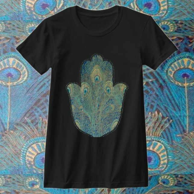 Camiseta Pluma de pavo real Hamsa Judaica Boho (Subido por el creador)