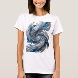 Camiseta Plumas azules y blancas plateadas con acentos dora