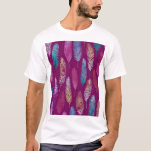 Camiseta Plumas coloridas: patrón de fondo morado.
