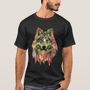 Camiseta Plumas de lobo estilo nativo americano Hermoso tat