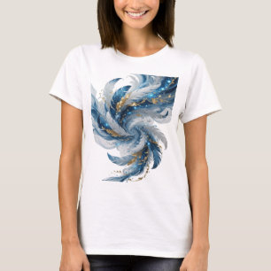 Camiseta Plumas plateadas azules y blancas con hojas dorada