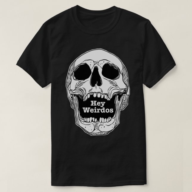 Camiseta Podcast de Morbid. Hey Weirdos cráneo (Diseño del anverso)