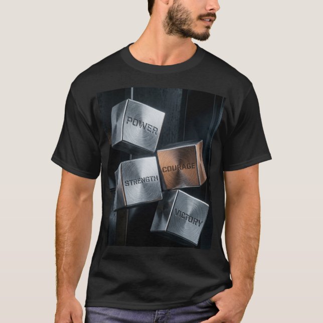 Camiseta PODER FUERZA CORAJE VICTORIA - Cubos de Metal Moti (Anverso)
