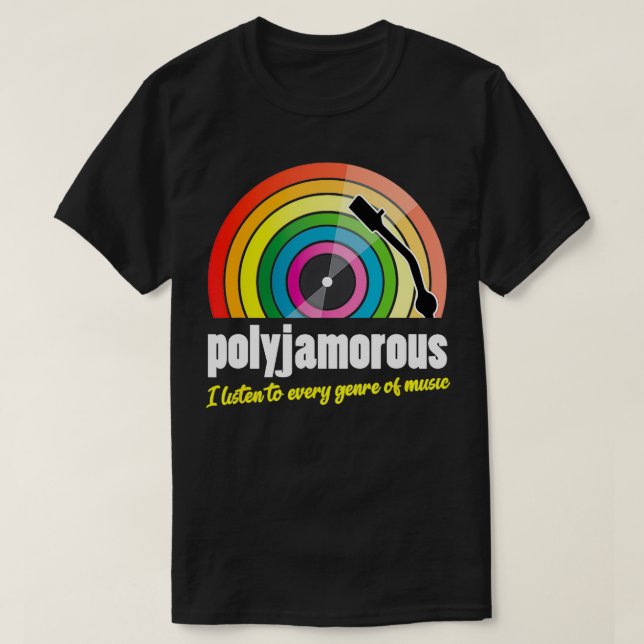 Camiseta Políjamoroso escucho cada género musical (Diseño del anverso)