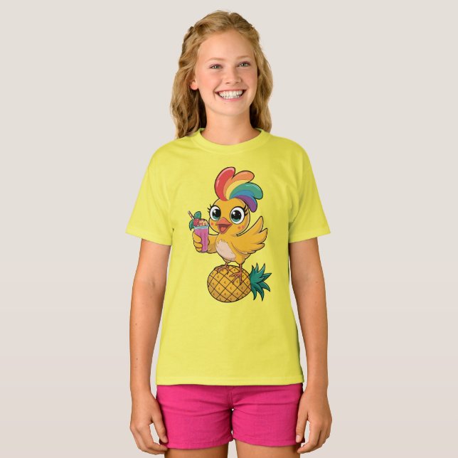 Camiseta Pollito Tropical Lindo con Plumas de Arcoíris (Anverso completo)