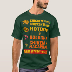 Camiseta pollo con ala de pollo perro caliente y bolonia