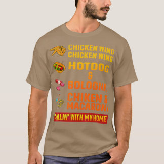Camiseta pollo con ala de pollo perro caliente y bolonia