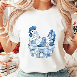 Camiseta Pollo de Pascua de Parche Floral a Cuadros Azules