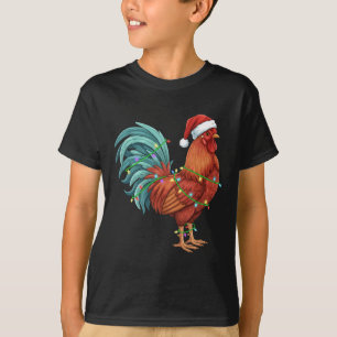 Camiseta Pollo, gallo navideño con sombrero de Santa y luce